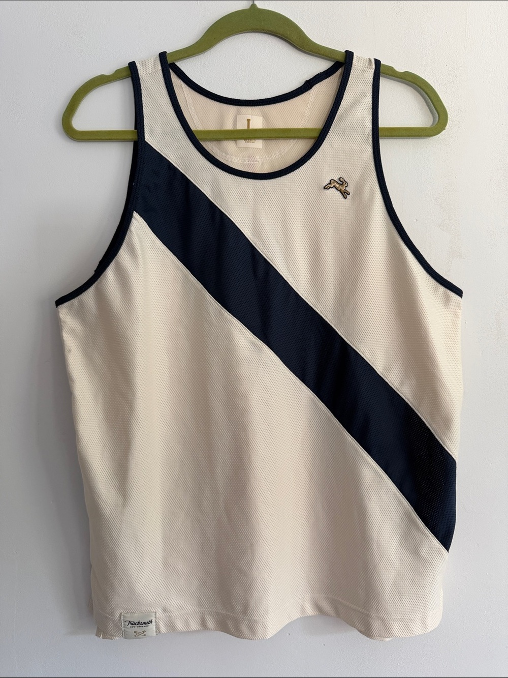 Tracksmith Cream Tank with Navy Diagonal Stripe and Logo